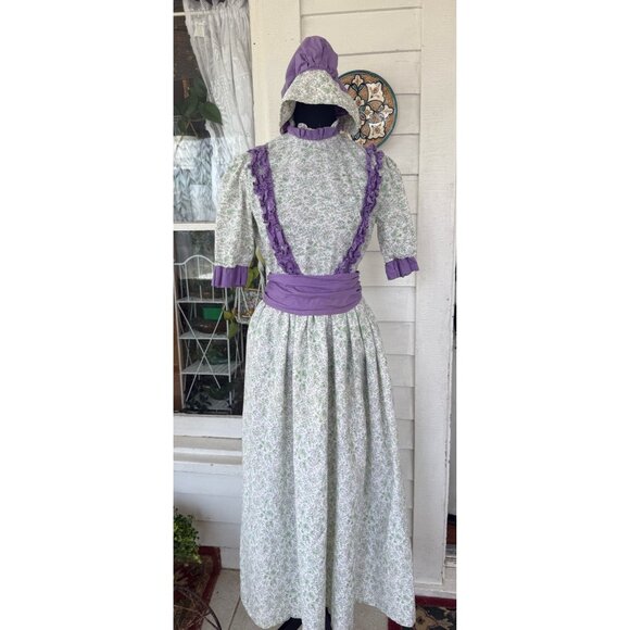 Vintage 70's Cotton Floral Purple Flower Dress With Matching Bonnet Sz M - Picture 16 of 16